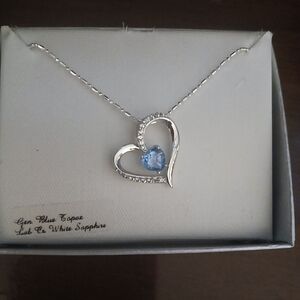 Silver Heart Pendant Necklace with Blue Heart Gem